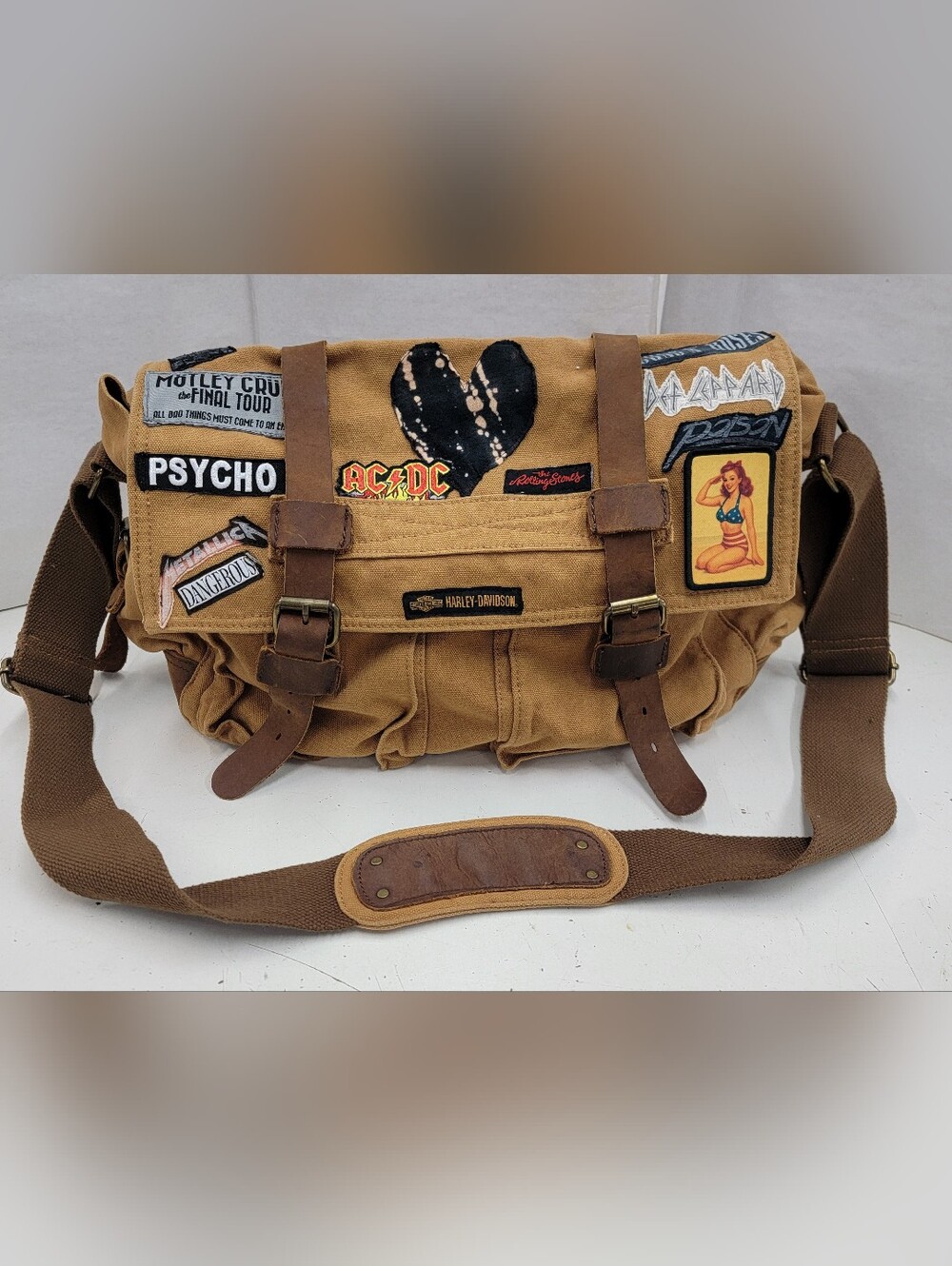 Upcycled Canvas Messenger Crossbody Bag with Band Patches